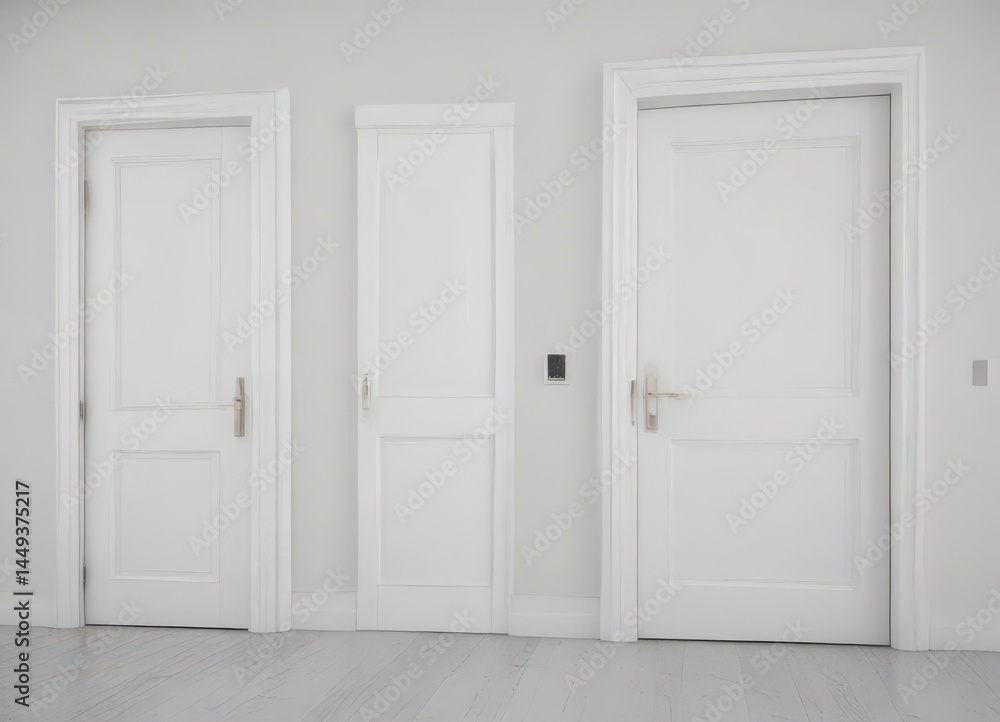 Sleek white wooden doors showcase diverse opening styles, pristine white backdrop , panel door, modern doors, contemporary Sleek white wooden doors showcase diverse opening styles, pristine white backdrop , panel door, modern doors, contemporary