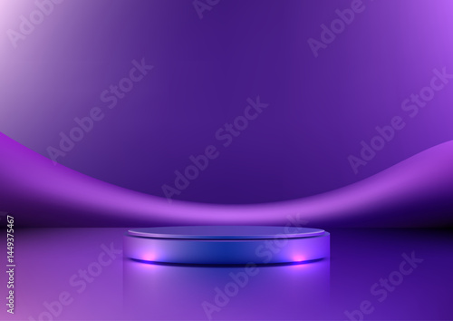3D sleek round metallic platform on purple reflective surface modern luxury product display mockup minimalist showcase