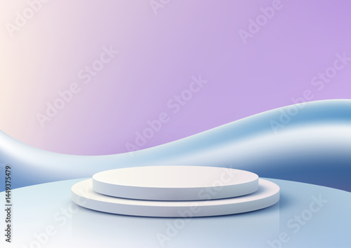 3D white round podium mockup on pastel gradient background, modern abstract display showcase product stand