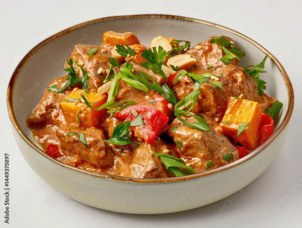 Beef curry with sweet potato and peppers. A flavorful dish with tender beef, sweet potato, and bell peppers in a rich sauce. Topped with peanuts and herbs Beef curry with sweet potato and peppers. A flavorful dish with tender beef, sweet potato, and bell peppers in a rich sauce. Topped with peanuts and herbs
