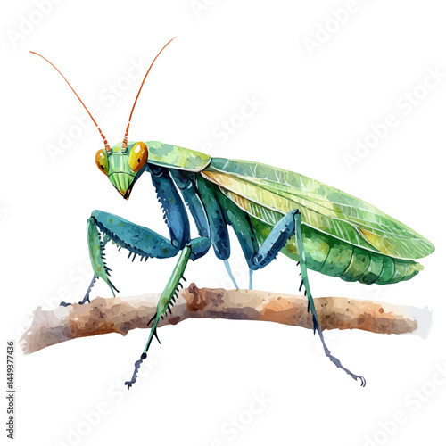 Praying Mantis On A Branch, watercolor vector, isolated on a white background.