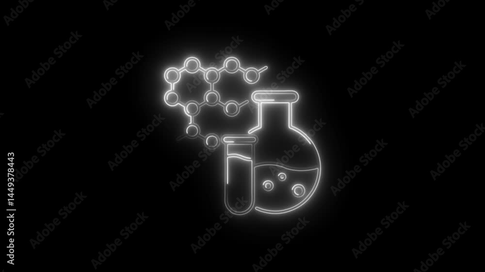 Neon science glowing molecule and laboratory beakers animation on black background chemistry concept research and development experiments medical innovation pharmaceutical industry Neon science glowing molecule and laboratory beakers animation on black background chemistry concept research and development experiments medical innovation pharmaceutical industry