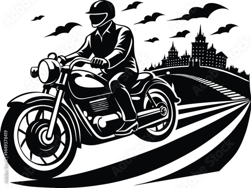 A black silhouette of a biker rides a sport motorcycle, embodying speed and transport on two wheels