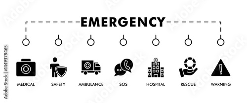 Emergency banner web icon vector illustration concept with icon of urgency, medical, safety, ambulance, sos, hospital, rescue, and warning