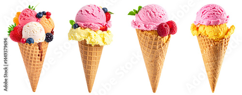 Ice Cream Cones with Berries - Transparent background