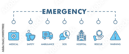 Emergency banner web icon vector illustration concept with icon of urgency, medical, safety, ambulance, sos, hospital, rescue, and warning