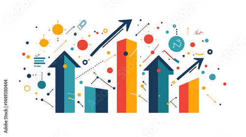 A colorful image of a city skyline with a series of arrows pointing upwards
