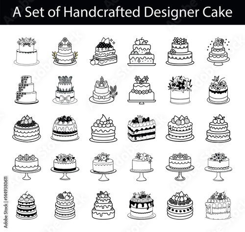Collection of Various Cake Designs with Floral, Fruit, and Elegant Elements in Line Art