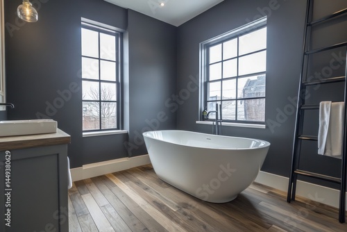 Modern bathroom with dark gray walls, a freestanding white bathtub, and large windows.  A gray vanity and light-colored wood floors complete the design