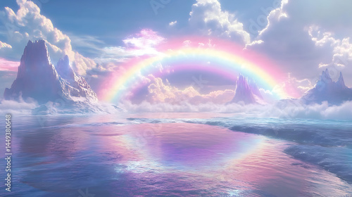 Rainbow bridge extending between glowing islands in the sky 