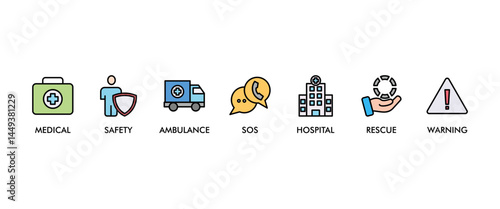 Emergency banner web icon vector illustration concept with icon of urgency, medical, safety, ambulance, sos, hospital, rescue, and warning
