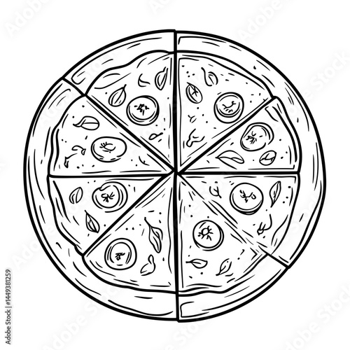 Classic pizza illustration with toppings in a simple line style  