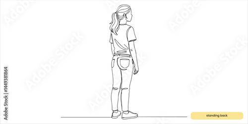 Teenager standing back view and looking away continuous single line art drawing sketch on white background