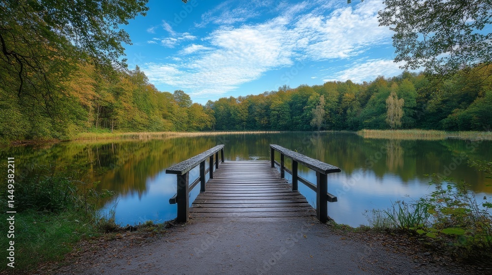 Wooden bridge leading to a lake with blue sky and green trees Wooden bridge leading to a lake with blue sky and green trees
