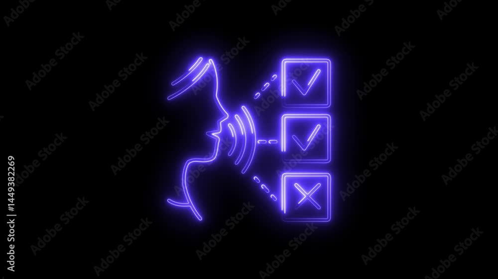 Voice recognition technology with tick and cross neon icons animation Voice recognition technology with tick and cross neon icons animation