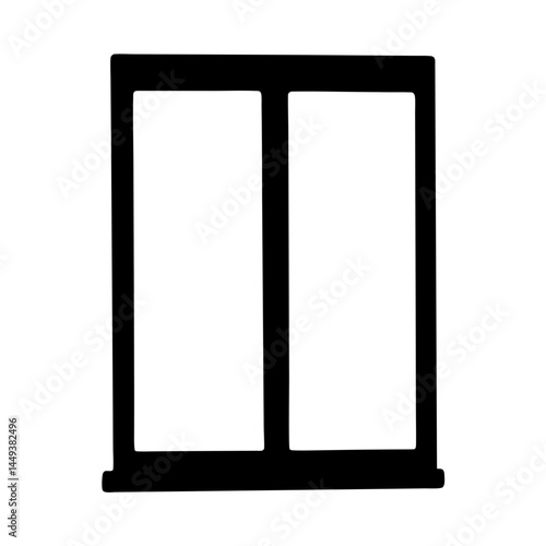 Symmetrical window frame in black, divided into four glass panes on white