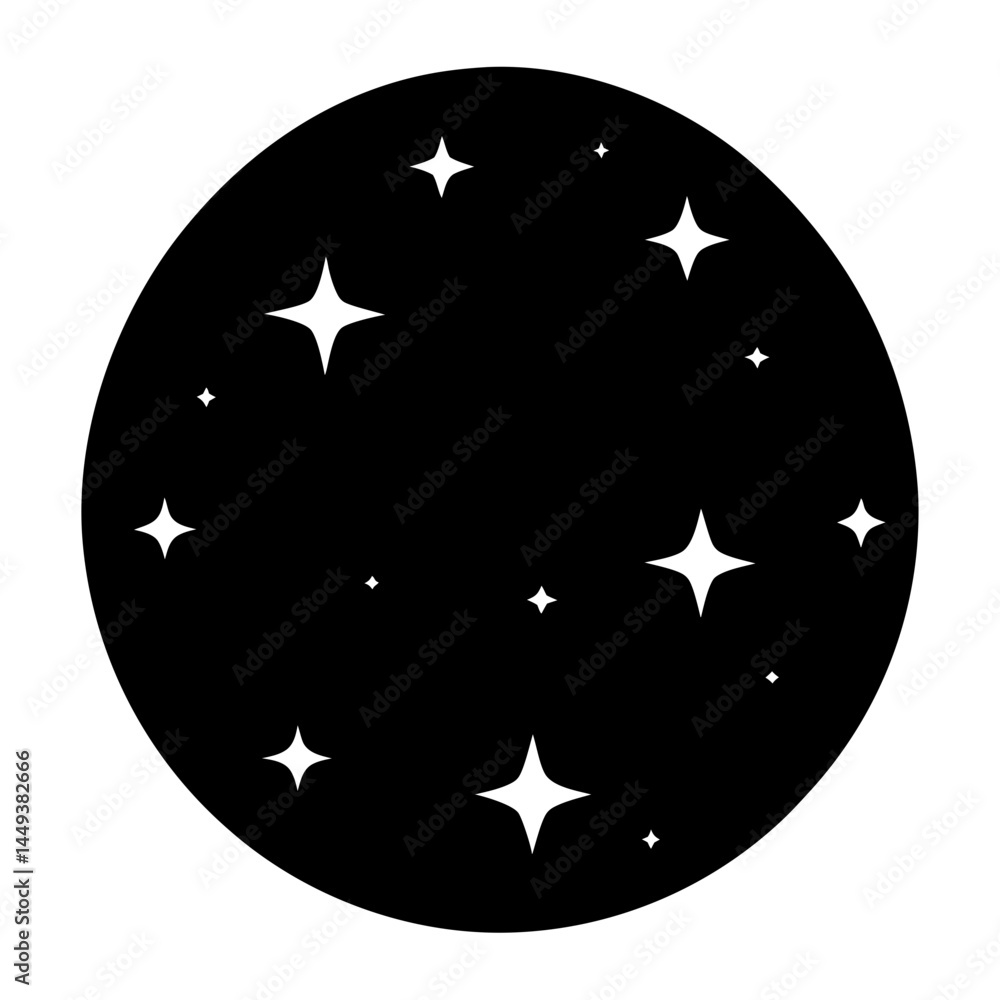 Silhouette of celestial night sky filled with sparkling stars inside a circle Silhouette of celestial night sky filled with sparkling stars inside a circle