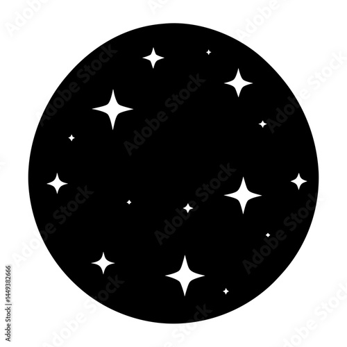 Silhouette of celestial night sky filled with sparkling stars inside a circle