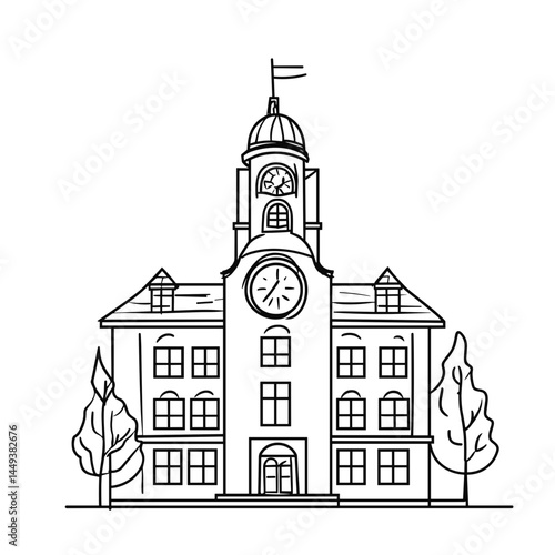 City Hall Line Art Drawing with Trees in Black and White  