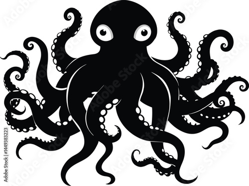 Sea animal vector illustration featuring an octopus and fish, a black silhouette design