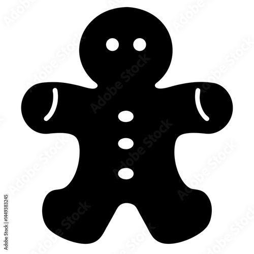 Simple solid black gingerbread man illustration with smiling face and buttons