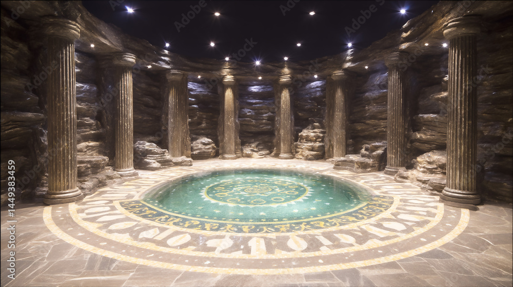 Obraz premium 古代ローマのVTuber背景、神殿のような空間と美しい水の池 generative ai