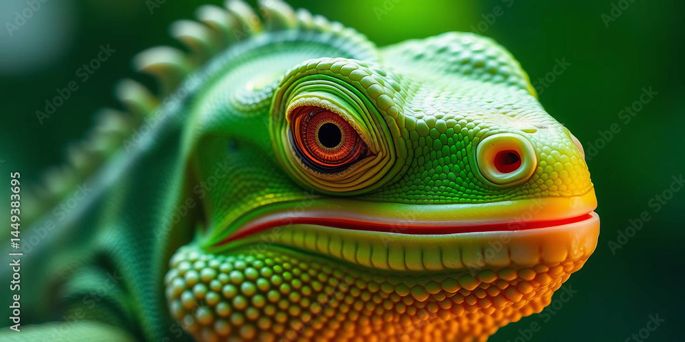 Fototapeta premium a green iguana, showcasing its detailed features. The iguana's skin is a vibrant green with patches of darker green and brown, providing a textured appearance