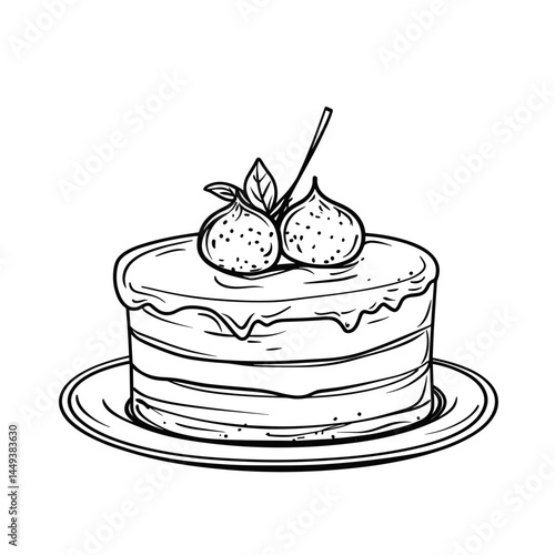 Chocolate Fondant Cake with Berries on a Plate - Black and White Line Art  
