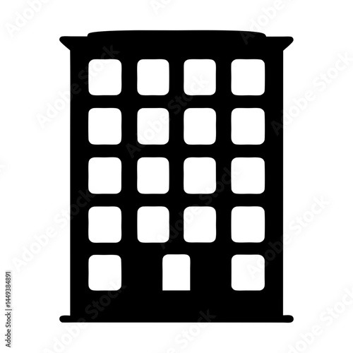 Black silhouette of a multistory building with numerous square windows on display