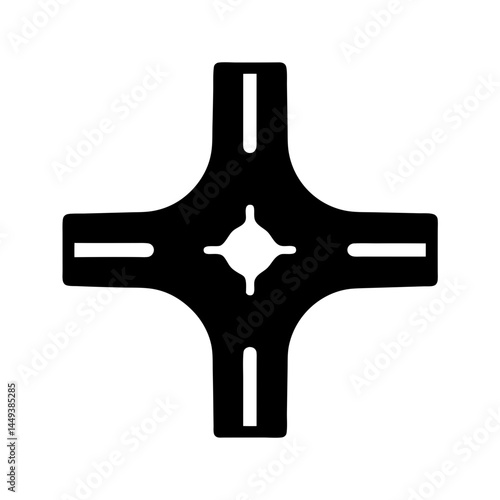 A simple black and white vector icon of a road intersection