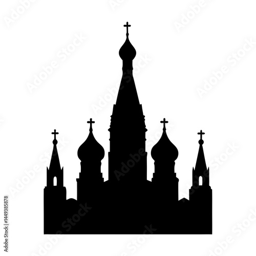 Black silhouette of Saint Basil's Cathedral with cross on a white background
