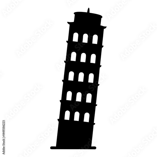Black Silhouette of the Leaning Tower of Pisa Against a White Background