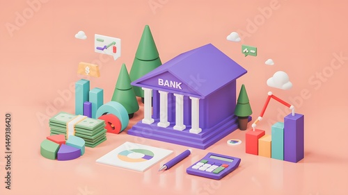 Financial growth strategies digital banking 3d illustration modern workspace aesthetic viewpoint economic concepts
