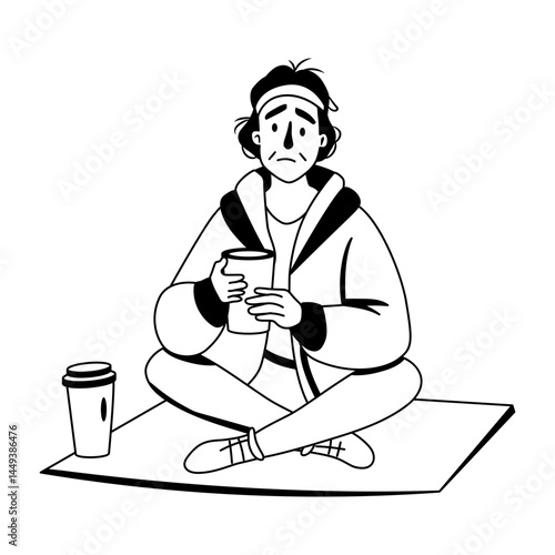 A poor character begging illustration in glyph style 
