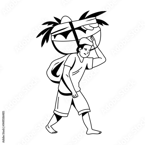 A poor character carrying weight illustration in glyph style 

