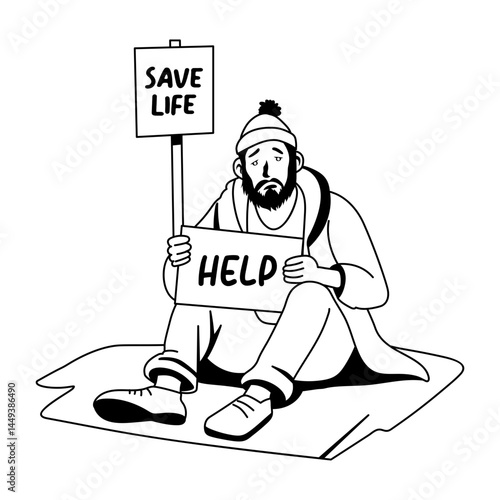 Pauper character holding help board illustration in glyph style 
