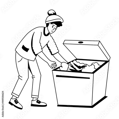 A glyph illustration of character doing dumpster diving
