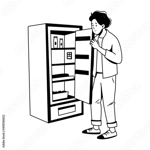 A glyph illustration of a character looking in an empty refrigerator 
