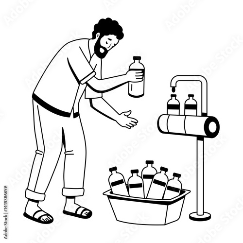 A glyph illustration of poor character filling bottles with tap water 

