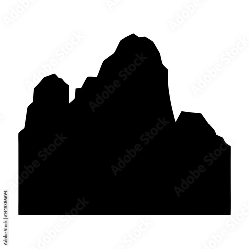 Silhouette of a rugged mountain range against a stark white background