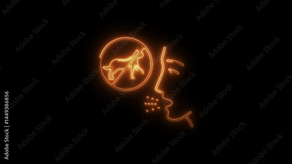 Glowing neon warning sign for allergies and dog restrictions Glowing neon warning sign for allergies and dog restrictions