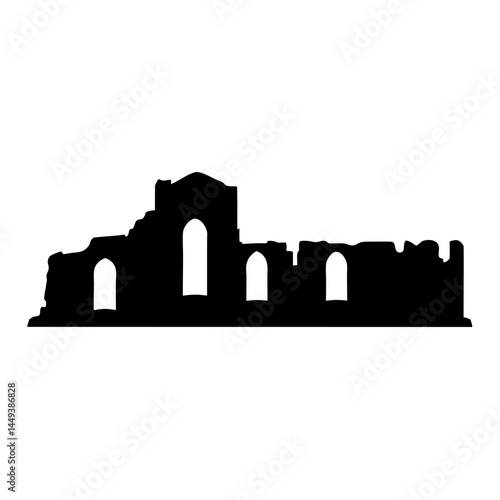 Silhouette of an Ancient Ruined Building with Archways and Tower Structure