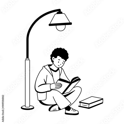 A glyph illustration of a character doing street reading under lamp 
