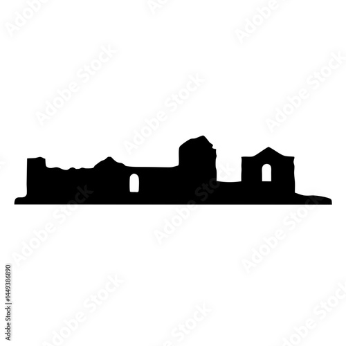 Silhouette of an Ancient Ruined Building with Archways and Tower Structure