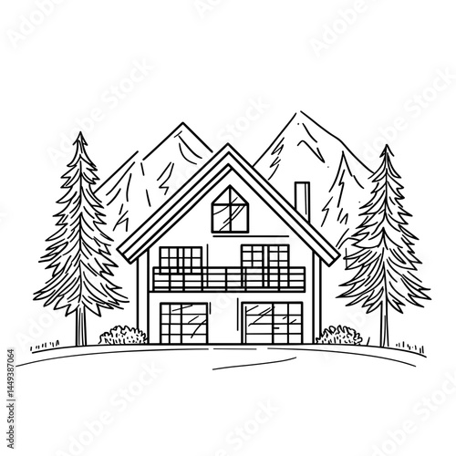 Chalet Surrounded by Trees and Mountains in Minimalist Line Art  