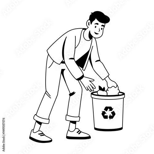 A character picking trash illustration in glyph style 
