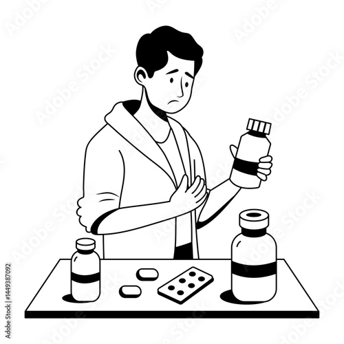 A glyph illustration of poor character having no medicine 
