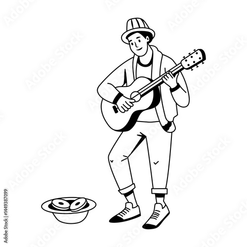 Street performer playing guitar illustration in glyph style 
