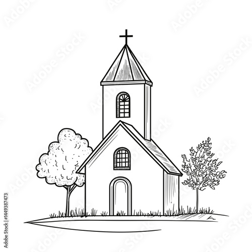 Simple line drawing of a chapel surrounded by trees  