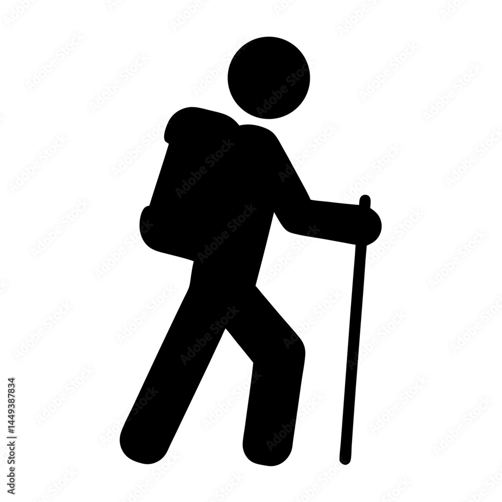 A Simple Black Hiking Icon with Backpack and Hiking Pole Graphic A Simple Black Hiking Icon with Backpack and Hiking Pole Graphic